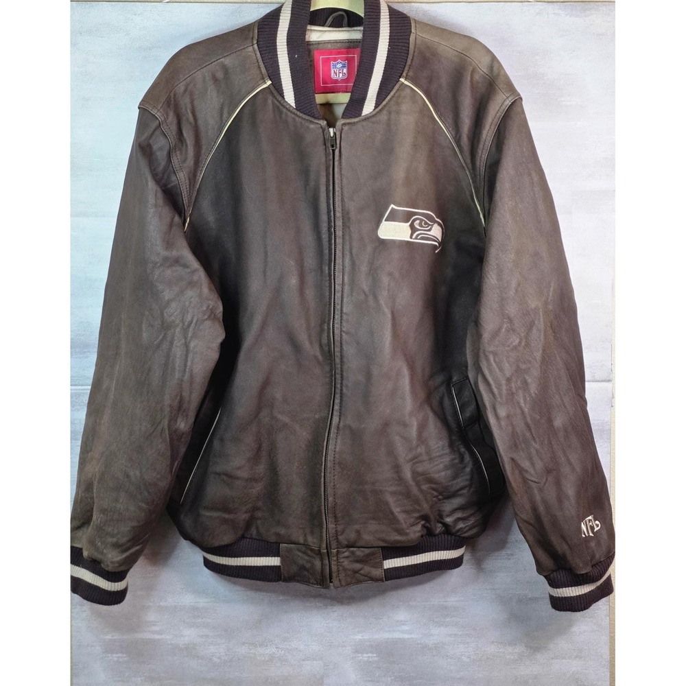 VTG Large distressed brown leather Seattle Seahawks NFL bomber jacket Quilted